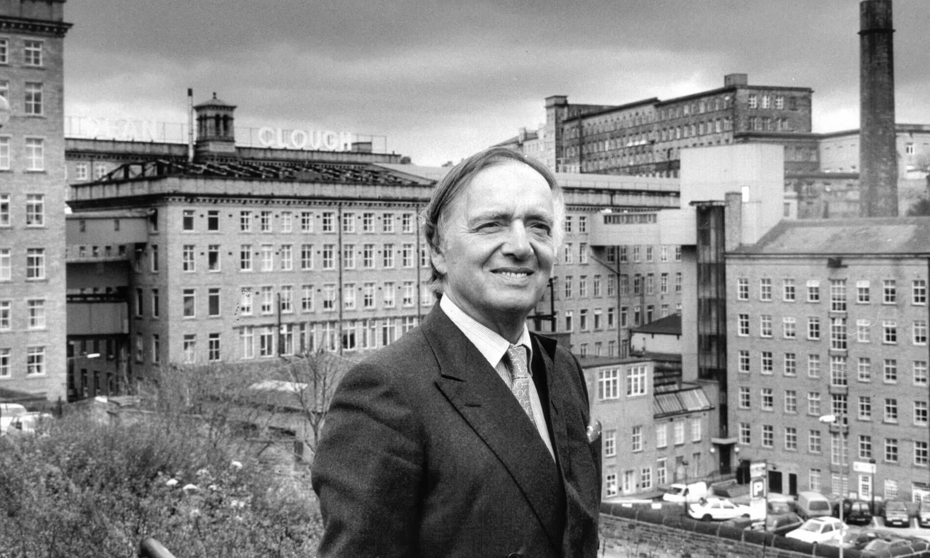 Sir Ernest Hall at Dean Clough, Halifax, 1994. He was conscious of the vast philanthropy of the family who built Dean Clough.